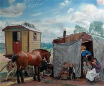 Gypsies, Caravan and Pony - Laura Knight