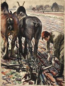 Horse-drawn plough, land girl - Laura Knight