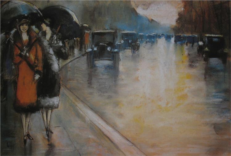 Berliner Straße mit Droschken in Regen, 1925 - Lesser Ury