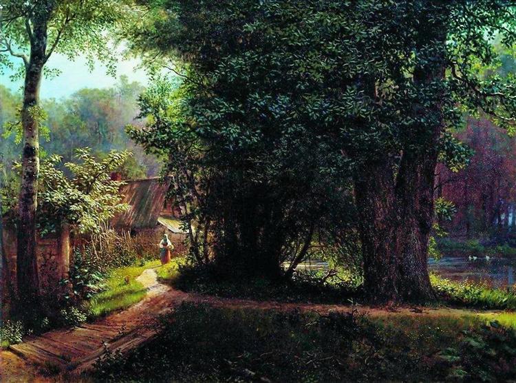 Landscape with trees, houses and river, 1878 - Lev Lagorio