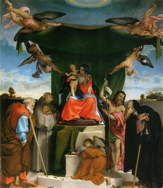 Enthroned Madonna with Angels and Saints, St. Joseph and St. Bernard on the left,  St. John the Baptist and St. Anthony the Abbot on the right, 1521 - 羅倫佐·洛托