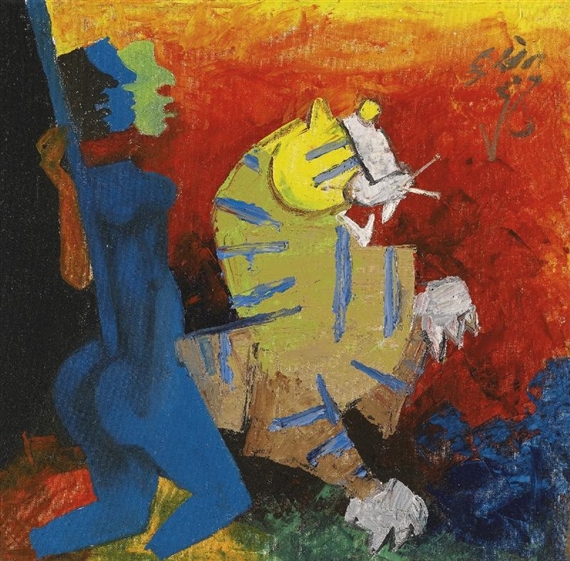 Untitled (Blue Figure and Tiger), 1964 - Maqbul Fida Husain