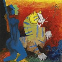 Untitled (Blue Figure and Tiger) - Maqbool Fida Husain