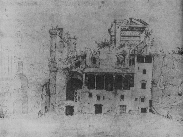 Early Palazzo Colonna with remains of the ancient Temple of Serapis, c.1535 - Мартен ван Хемскерк