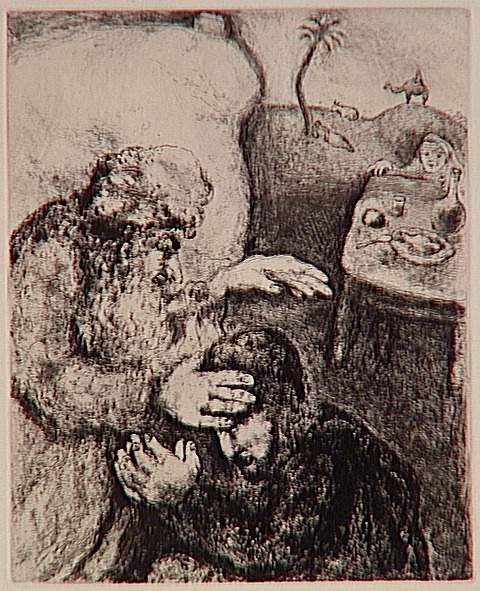 Before the death, blind Isaac bless his second son Jacob, Rebecca, told him to make it for his elder son, Esau (Genesis, XXVII, 26-29), 1956 - Marc Chagall