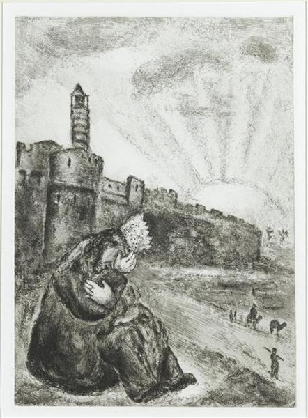 Being informed about Absalom's death, which has been killed by Joab and has been found hanging on the tree in the forest, David gives vent to his grief (Samuel II, XIX, 1-4), c.1956 - Marc Chagall
