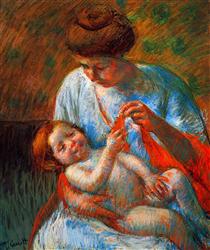 Дитина лежить на колінах у матері, тягнеться, щоб потримати шарф - Мері Кассат