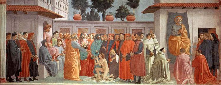 Raising of the Son of Teophilus and St.Peter Enthroned, 1427 - Masaccio