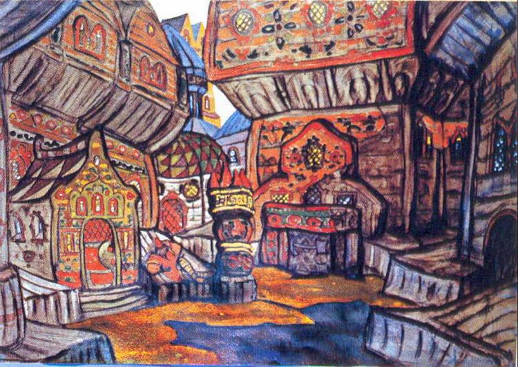 The court of Prince Vladimir Galitsky (Study of scene design for "Prince Igor"), 1914 - Nikolai Konstantinovich Roerich