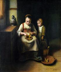 Femme râpant un panais, avec un enfant à ses côtés - Nicolas Maes