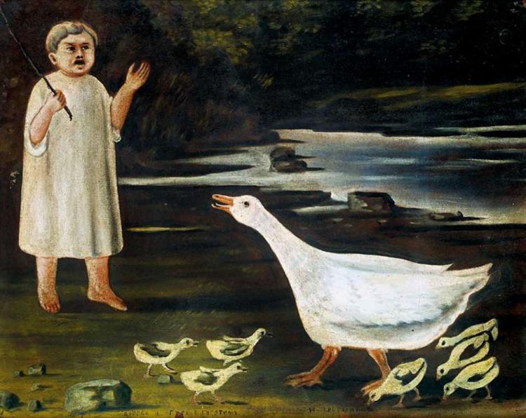 Girl grazing a goose with goslings - Niko Pirosmani