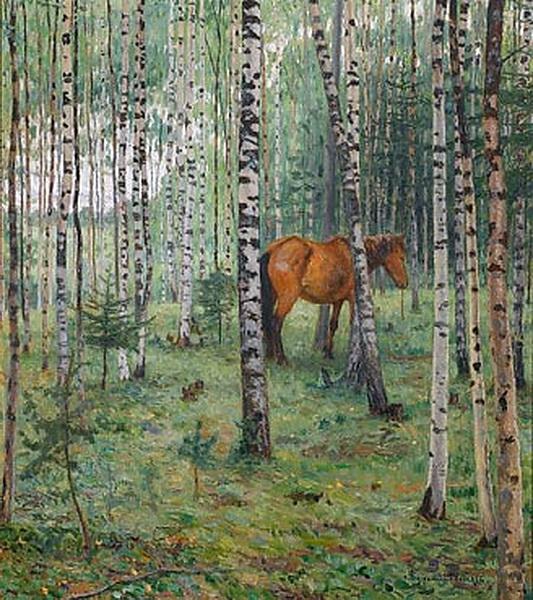 Horse between Birches - Микола Богданов-Бєльський
