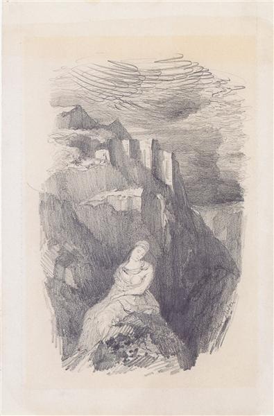 Woman and the mountain landscape, c.1865 - Оділон Редон