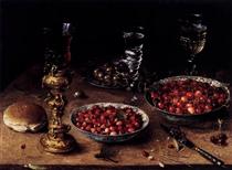 Still Life with Cherries and Strawberries in China Bowls - Осіас Беєрт