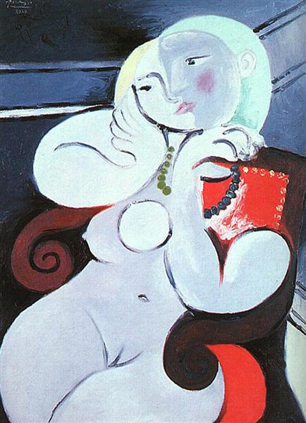 Female nude sitting in red armchair, 1932 - 畢卡索