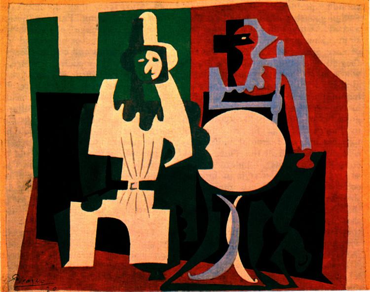 Pierrot and harlequin on the terrace of café, 1920 - 畢卡索