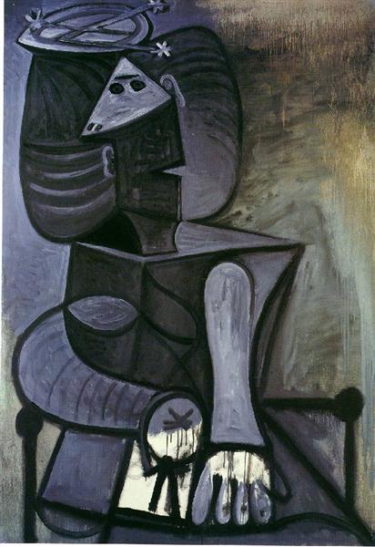 Seated woman with flat hat, 1945 - Пабло Пикассо