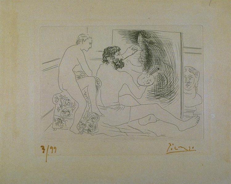 Working painter observed by a nude model, c.1928 - 畢卡索