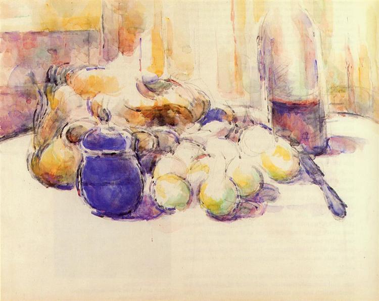 Blue Pot and Bottle of Wine, 1902 - Paul Cézanne