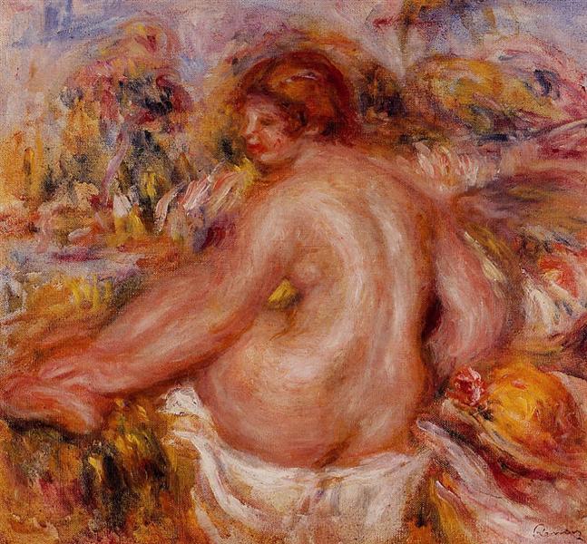 After Bathing, Seated Female Nude - Auguste Renoir