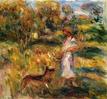 Woman in Blue and Zaza in a Landscape - Auguste Renoir