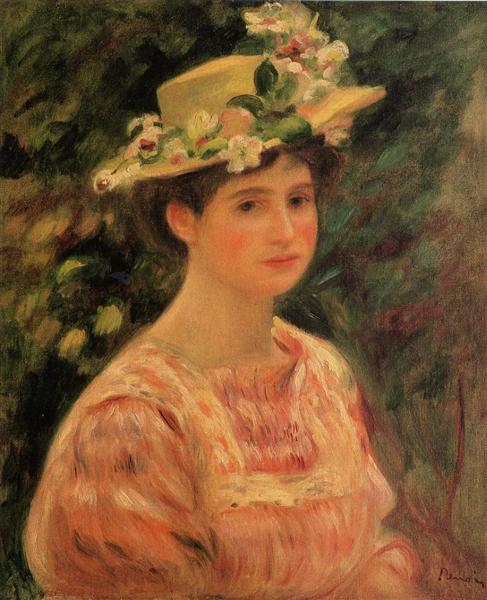 Young Woman Wearing a Hat with Wild Roses, c.1896 - Пьер Огюст Ренуар