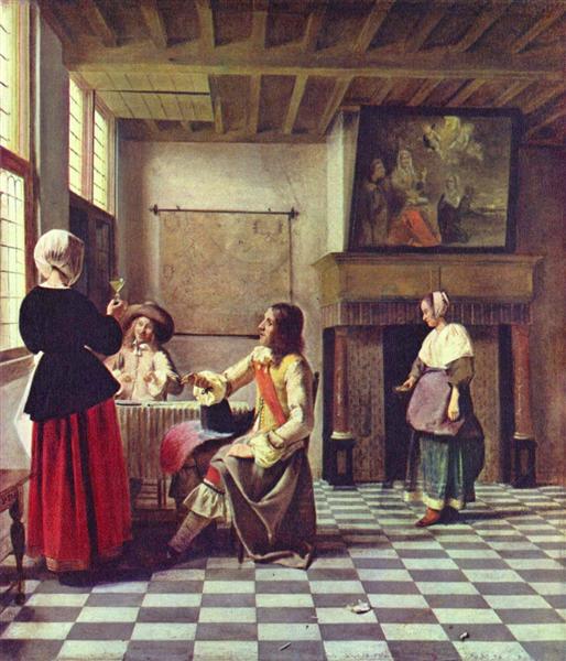 Une femme de boire avec deux hommes, c.1658 - Pieter de Hooch