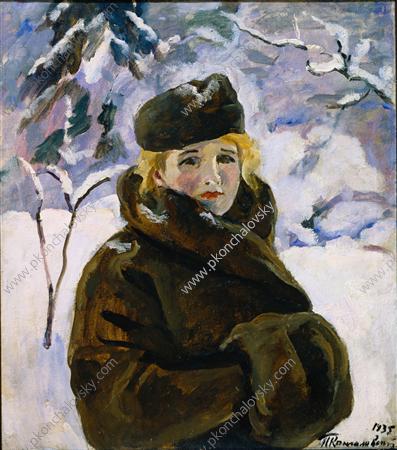 Portrait of Anna Kondratyevna Reyhshtadt against the background of a winter landscape, 1935 - Pyotr Konchalovsky