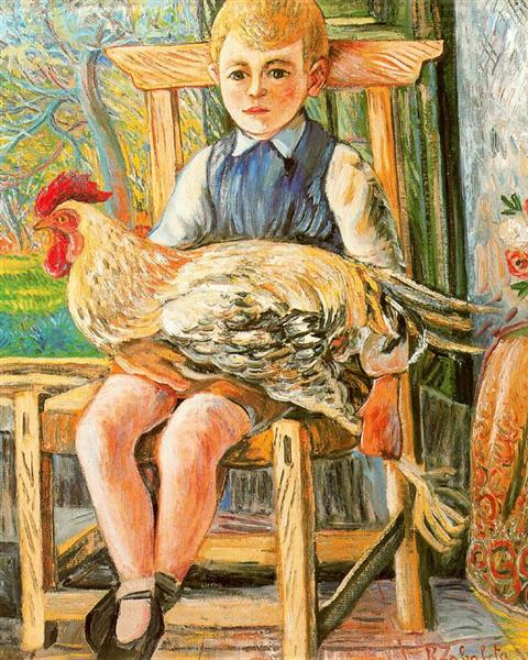 Boy sitting with a hen on his lap, 1943 - Рафаэль Забалета