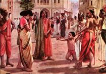 Harischandra in Distress, having lost his kingdom and all the wealth parting with his only son in an auction - Raja Ravi Varma