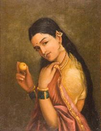 Woman Holding a Fruit - Ravi Varma