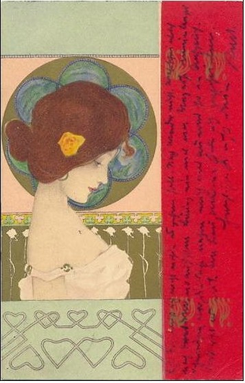 Girls faces with red border - Raphael Kirchner