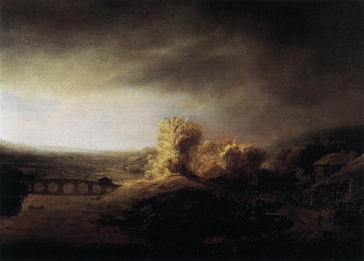 Landscape with a Long Arched Bridge, 1637 - 1639 - Рембрандт