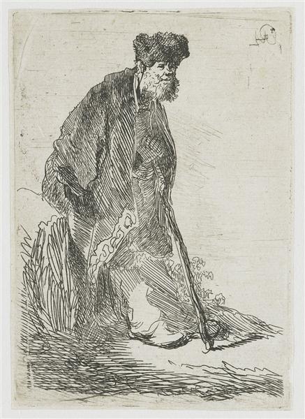 Man in a coat and fur cap leaning against a bank, 1630 - Rembrandt van Rijn