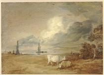 Coastal scene with shipping, figures and cows - Thomas Gainsborough