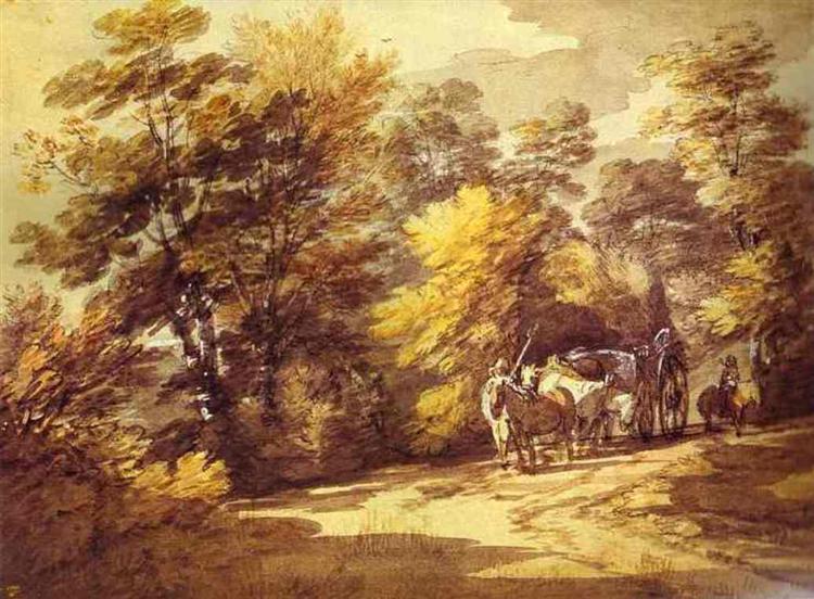A Wooded Landscape with Peasants in a Country Waggon 