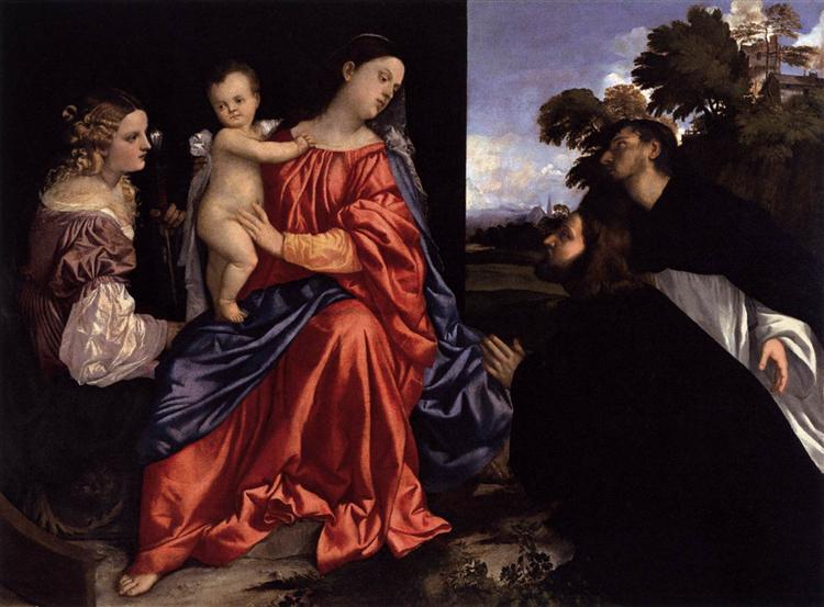 Madonna and Child with Sts Catherine and Dominic and a Donor, 1512 - 1516 - Ticiano Vecellio