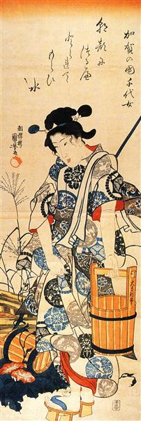 Caga no Chiyo standing beside a well - Utagawa Kuniyoshi