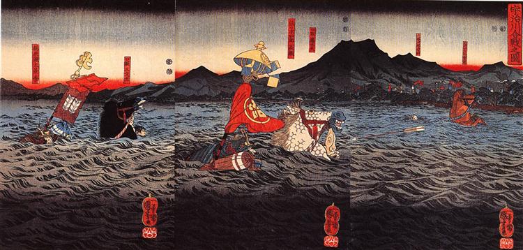 Kagesue, Takatsuna and Shigetada crossing the Uji river - 歌川國芳
