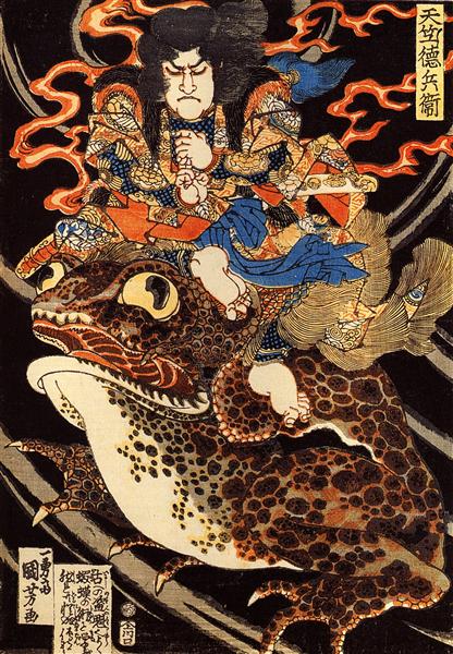 Tenjiku Tokubei riding a giant toadn - Утагава Куниёси