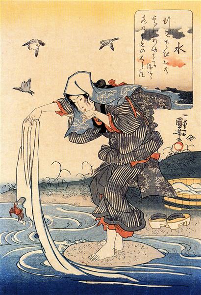 Woman doing her laundry in the river - 歌川國芳