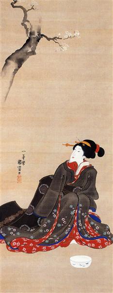 Woman seated under a cherry blossoms - Утаґава Кунійосі