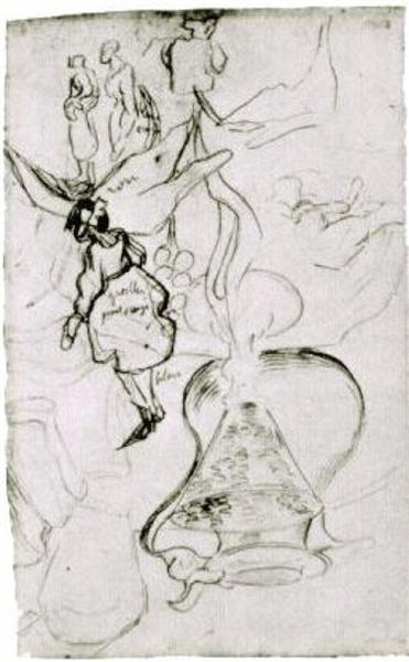 Can, Books, Wineglass, Bread and Arum Sketch of Two Women and a Girl, 1890 - 梵谷