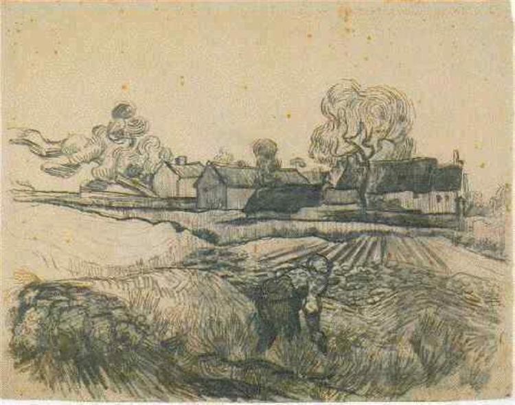 Cottages with a Woman Working in the Foreground, 1890 - Винсент Ван Гог