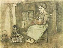 Mother at the Cradle and Child Sitting on the Floor - Винсент Ван Гог
