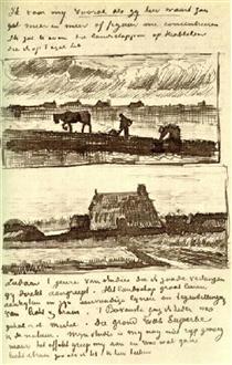 Plowman with Stooping Woman, and a Little Farmhouse with Piles of Peat - Vincent van Gogh