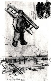 Sketches of a Man with a Ladder, Other Figures, and a Cemetery - 梵谷