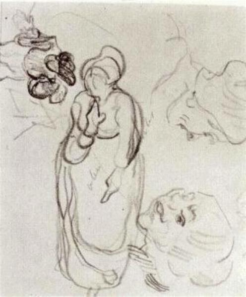 Study of a Woman Standing, Two Heads, Another Figure, 1890 - 梵谷