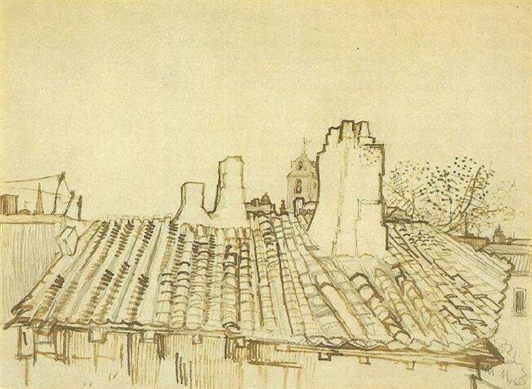 Tiled Roof with Chimneys and Church Tower, 1888 - 梵谷