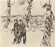 Two Men on a Road with Pine Trees - 梵谷